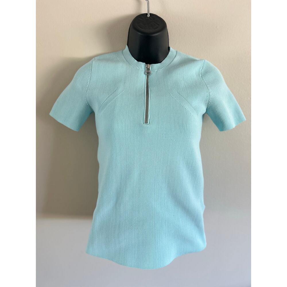 Helmut Lang Ribbed Zip Front Knit Top Small Mint Blue Short Sleeve